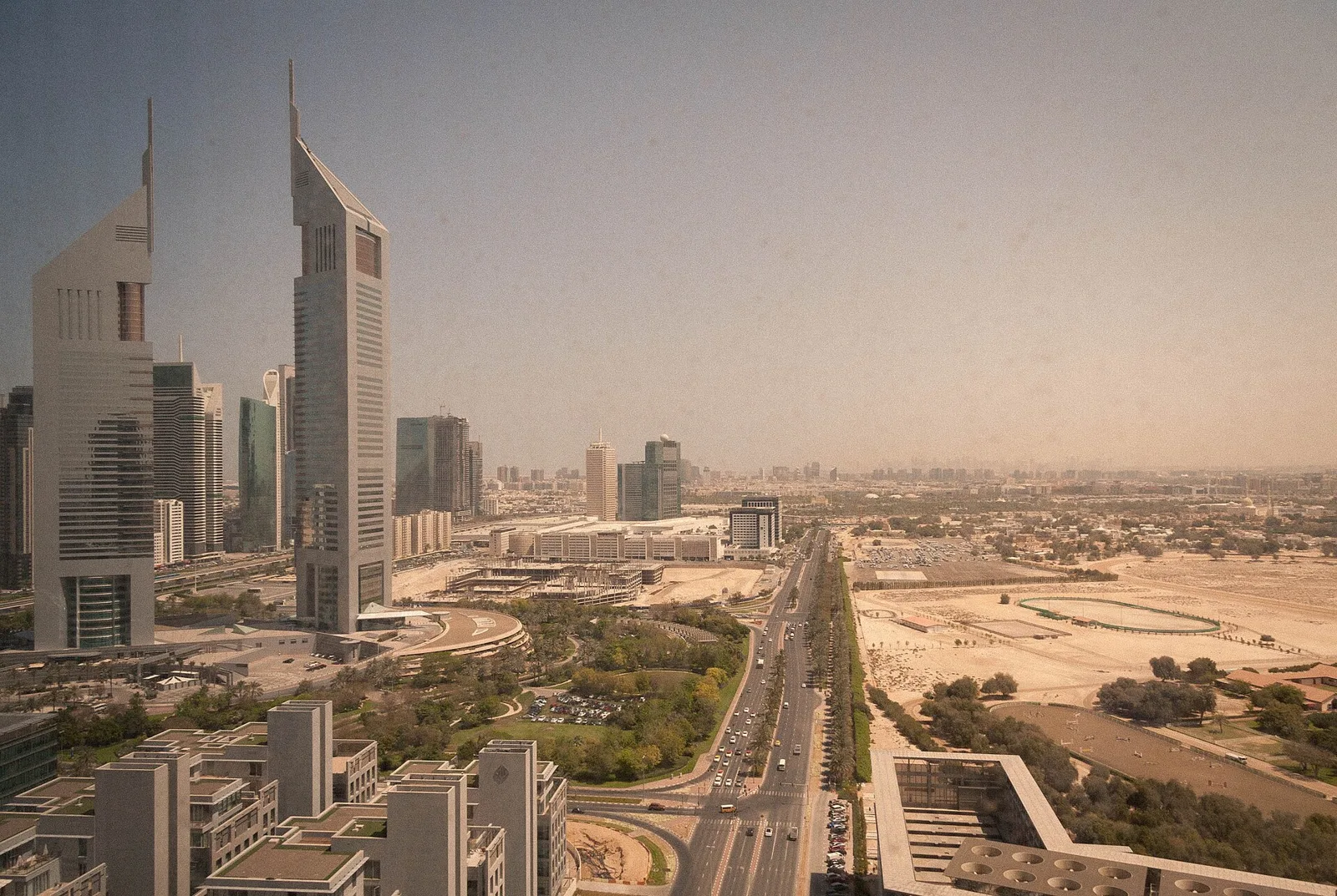 Emirates Towers and Sheikh Zayed Road beside DIFC in Dubai