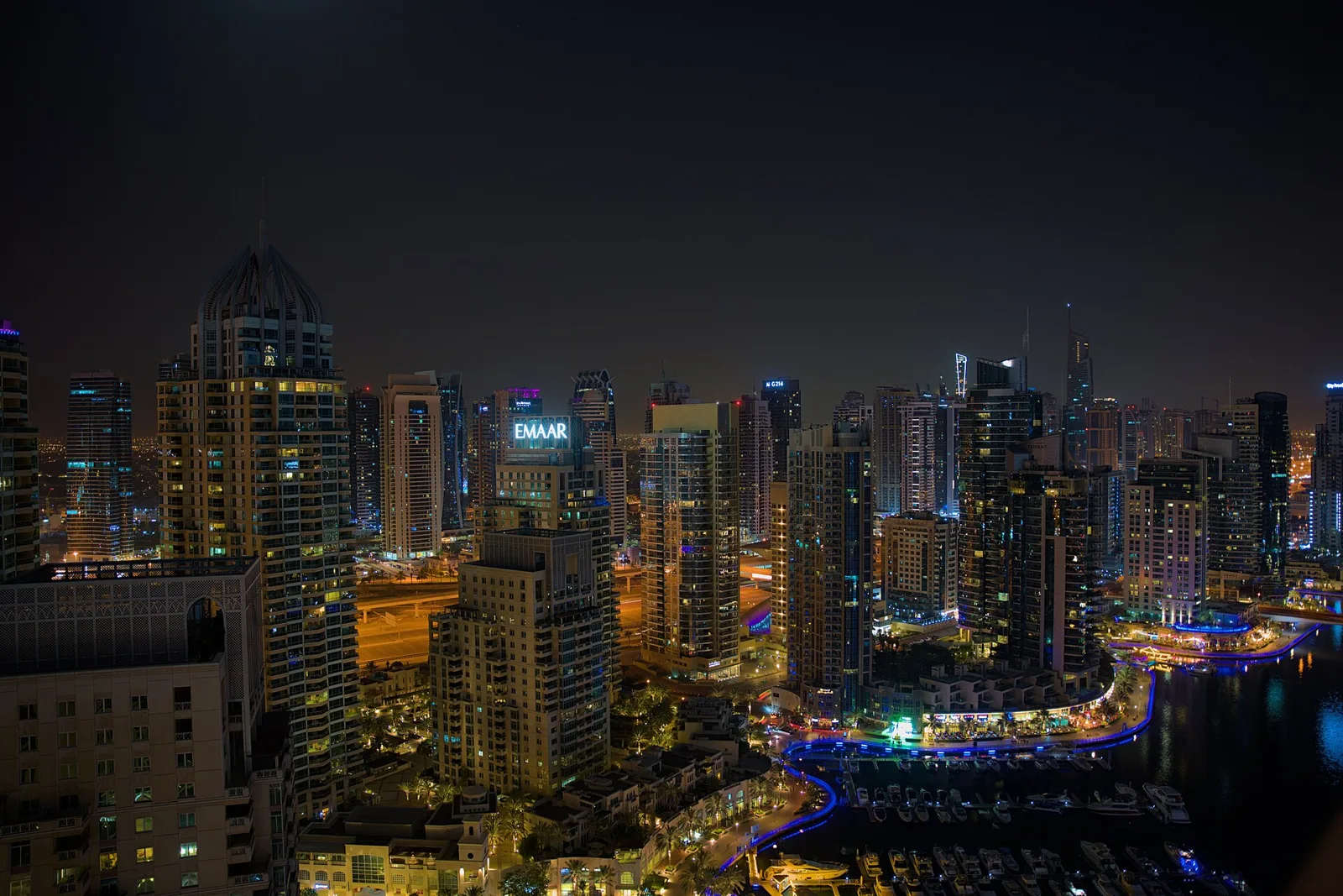 Dubai Marina towers lit up at night